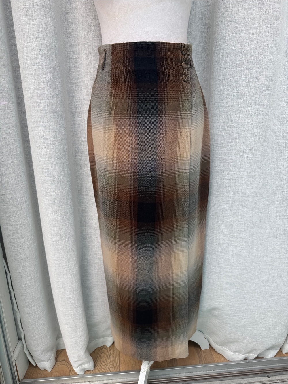 Lauren Ralph Lauren brown ombre plaid wool-blend wrap midi skirt
